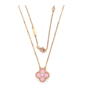  Vintage Alhambra Pendant Necklace 18K Rose Gold and Pink Sevres Porcelain with Diamond, 14.5 - 16.25"
