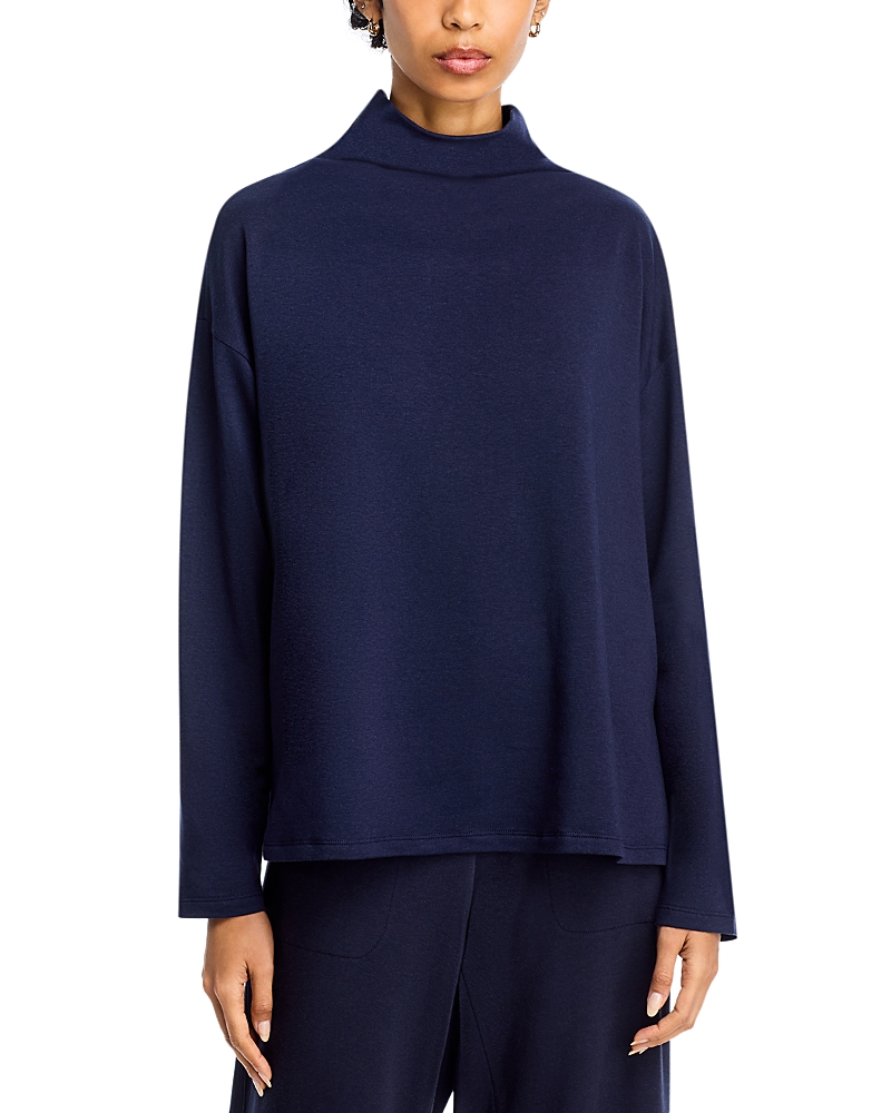 Eileen Fisher Cozy Brushed Terry Funnel Hug Neck Box Top In Blue