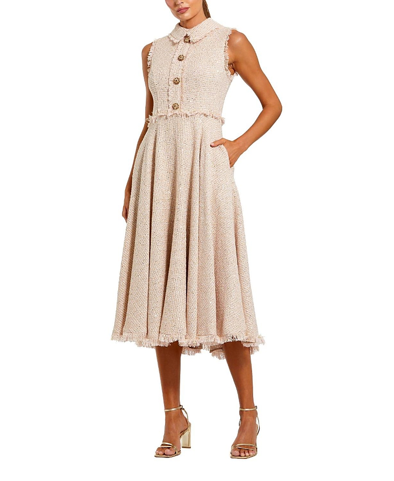 Mac Duggal Boucle Sleeveless Collared Button Up Midi Dress In Neutral