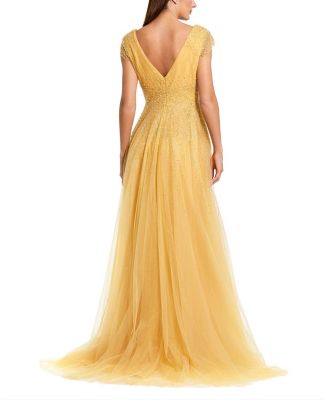 Embellished Tulle Cap Sleeve V Neck Gown