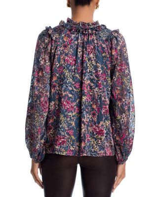 Long Sleeved Floral Satin Burnout Ruffled Blouse - Exclusive