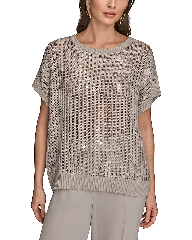 Donna Karan Open Weave Sequin Crewneck Sweater In Gray