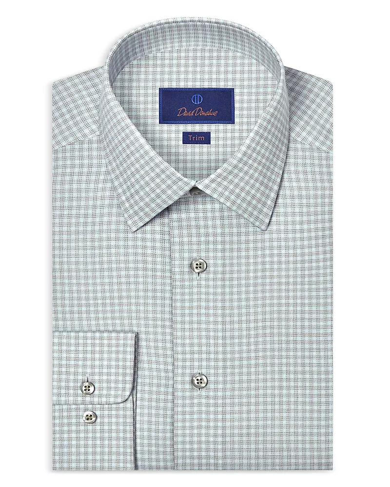 David Donahue Trim Fit Cashmere Blend Twill Check Dress Shirt