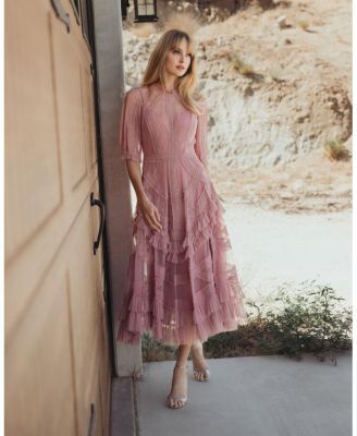 High Neck Puff Sleeve Ruffle Tiered Dress