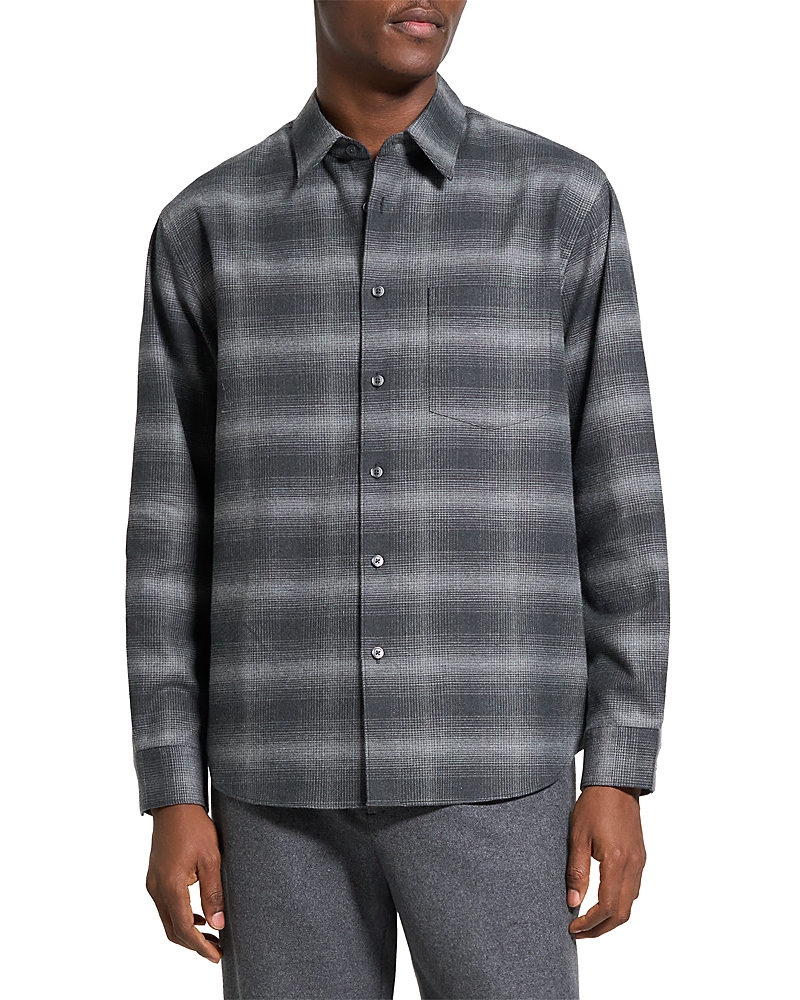 Theory Weekend Gradient Check Brushed Cotton Button-up Overshirt In Gray