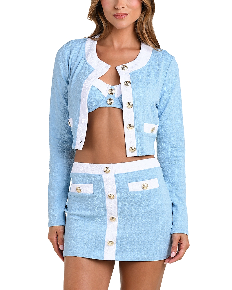 L'agence Adaline Color Blocked Swim Cover-up Cardigan In Blue