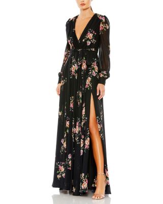  Belted Floral Print Illusion Long Sleeve Gown