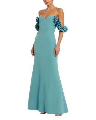  Off-the-Shoulder Crepe Gown with 3D Floral Applique