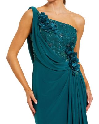  Jersey One Shoulder Cowl Gown with 3D Flowers