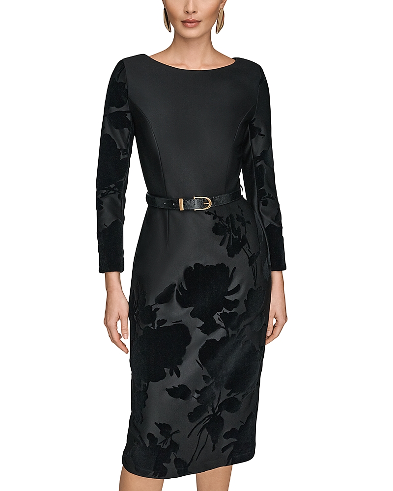 Donna Karan New York Velvet Floral Belted Long Sleeve Sheath Dress In Black | ModeSens Donna Karan New York Velvet Floral Belted Long Sleeve Sheath Dress In Black | ModeSens