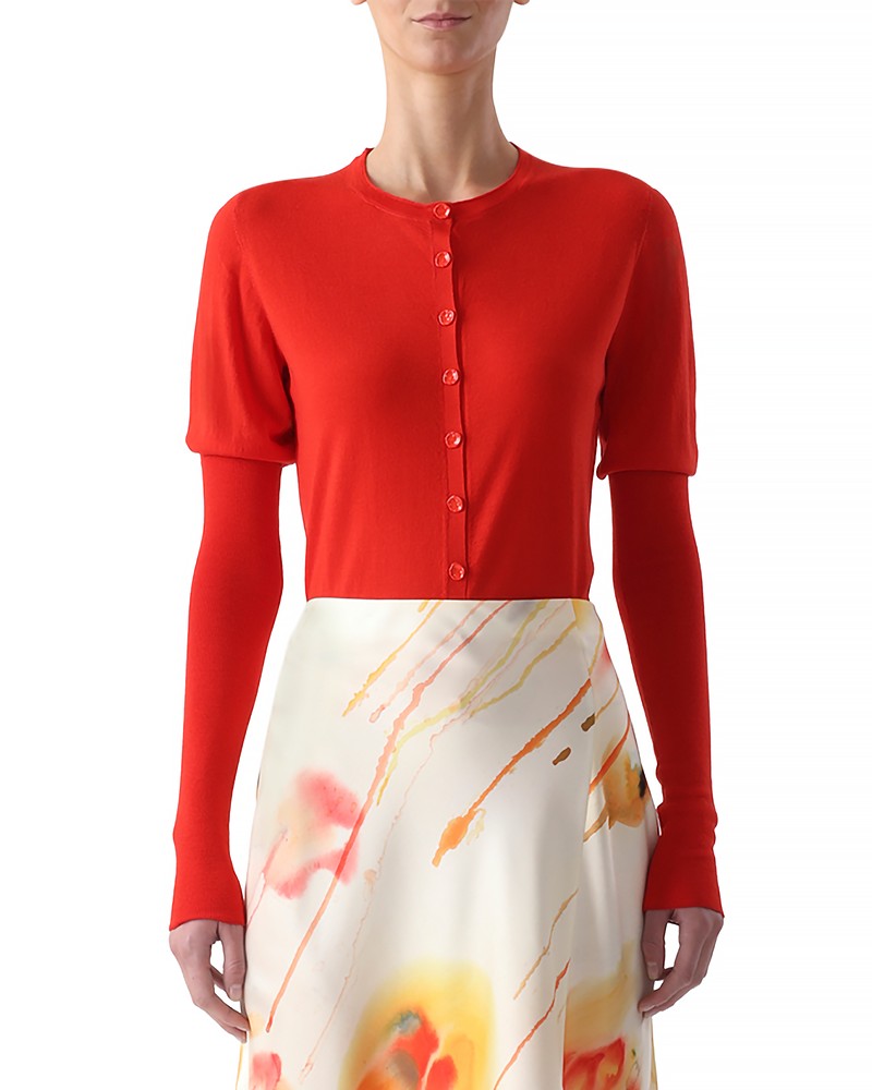 Jason Wu Collection Merino Wool Crewneck Cardigan Sweater in Papaya
