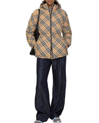 Check Nylon Hooded Puffer Jacket