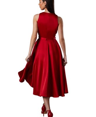 Bow Trim V-Neck Volume Skirt Midi Dress