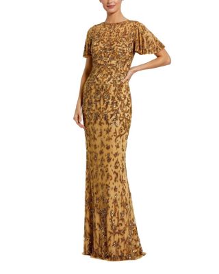 Embellished High Neck Flutter Sleeve Gown