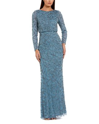 Beaded Mesh Long Sleeve Blouson Top Gown