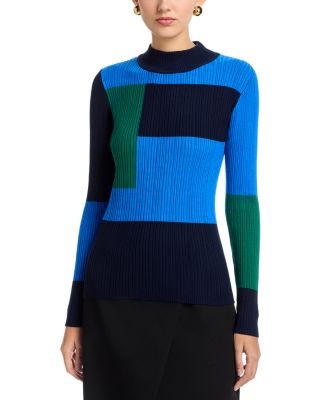 Long Sleeved Color Blocked Mock Neck Pullover Sweater