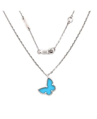  Sweet Alhambra Butterfly Pendant Necklace 18K White Gold with Turquoise, 14.75 - 15.5"