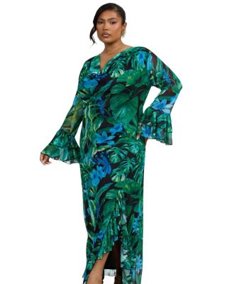 Ruffle Cowl Neck Palm Print Maxi Dress