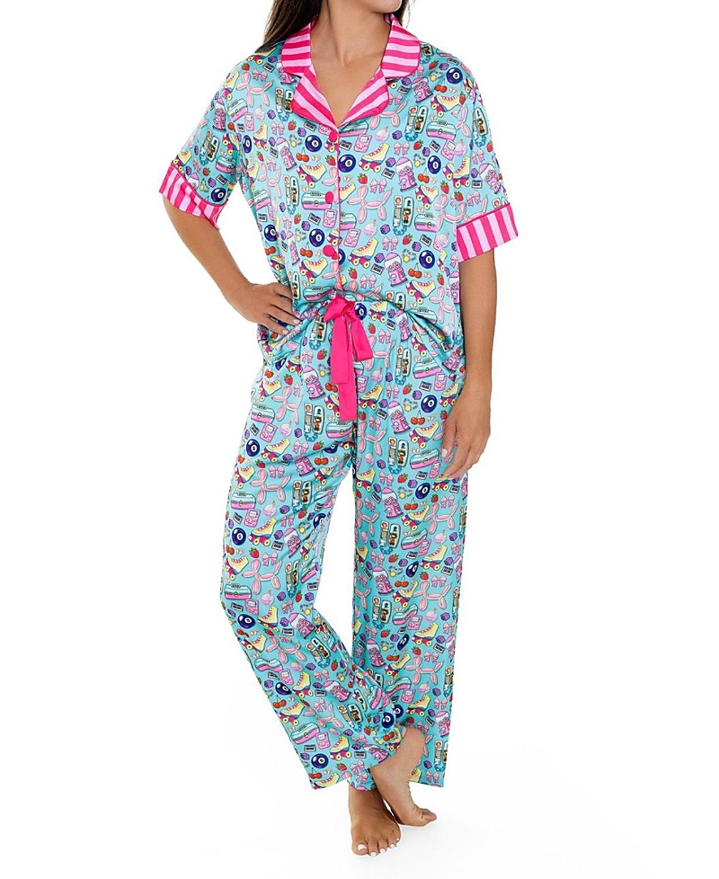 Sunshine Society Girls' Silky 90's Short Sleeve Pants Set In Multi