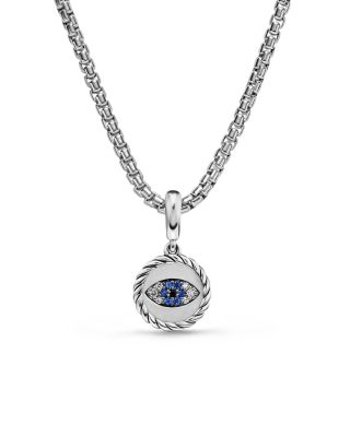 Evil Eye Amulet in Sterling Silver with Light Blue Sapphires, Black Diamonds and Diamonds, 12.6mm
