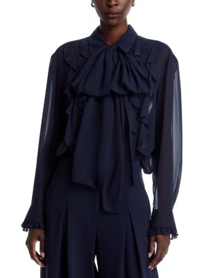 Neck Tie Ruffle Silk Shirt