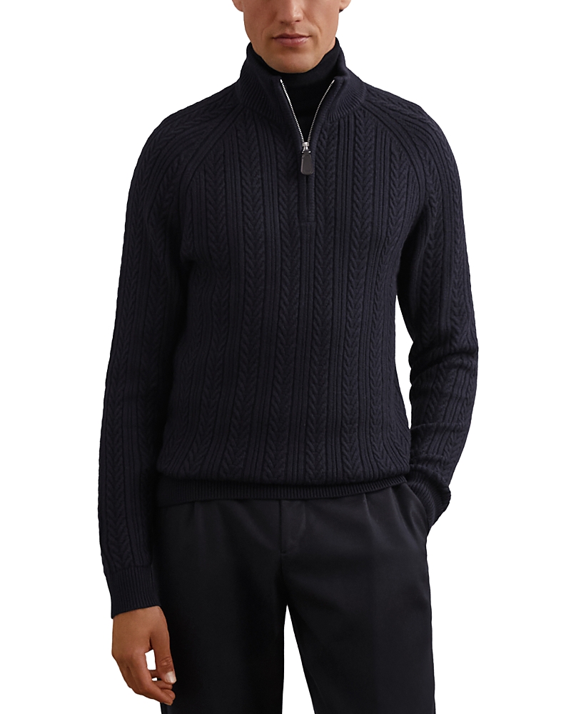 Reiss Navy Cable-knit Half-zip Jumper With Wool In Black