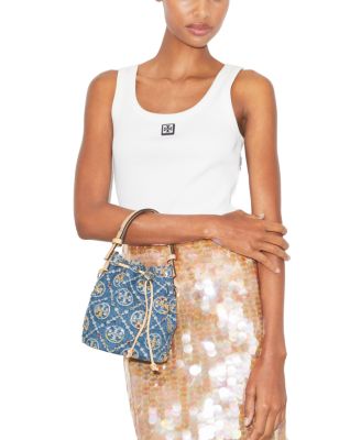 T Monogram Embellished Denim Bucket Bag