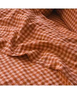 Colour Drenched Gingham Linen Blend Flat Sheet, Queen