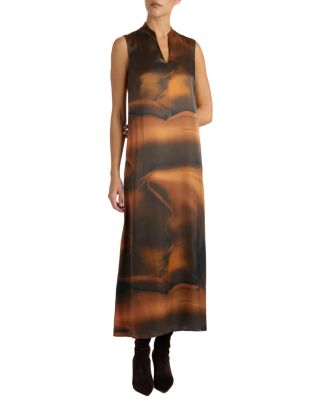 Nicole Sleeveless Midi Shift Dress in Printed Silk Charmeuse