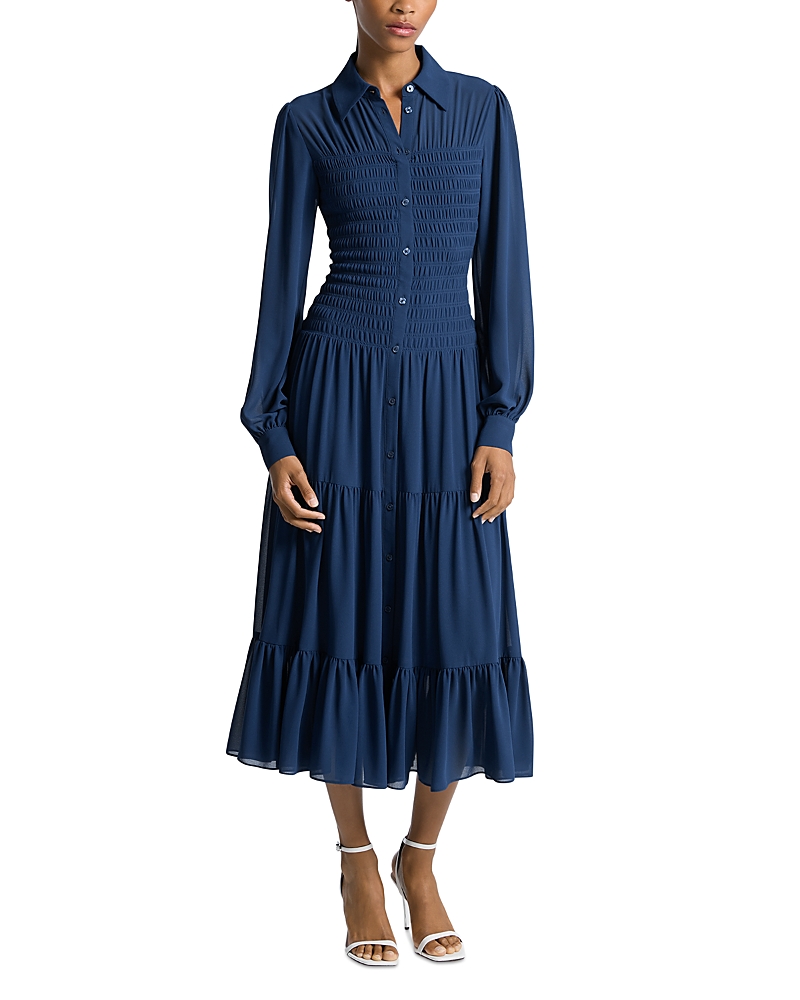 Michael Kors Smocked Georgette Shirtdress In Blue