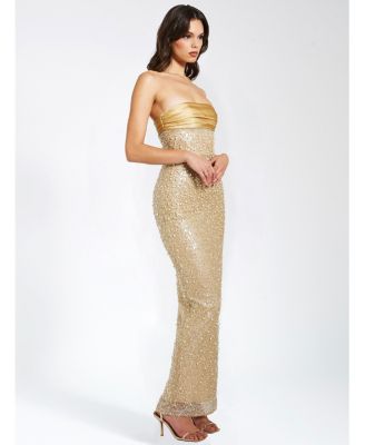  Lainey Satin Sequin Beaded Maxi Dress