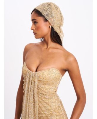  Ada Rhinestone Embellished Strapless Gown with Head Scarf