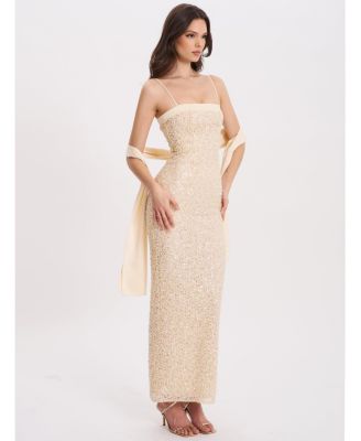  Raizell Beaded Sequin Bodycon Gown with Scarf