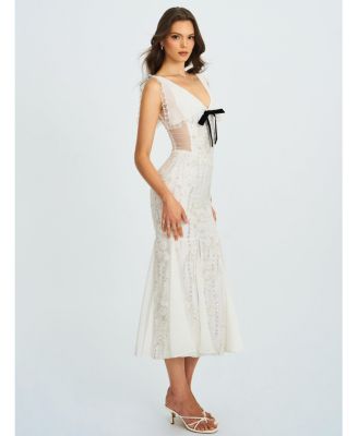  Paola Peter Pan Collar Beaded Sequin Mermaid Midi Dress