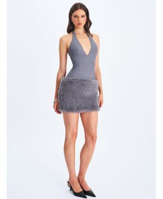 Daisy Drop Waist Fur Trim Halter Mini Dress