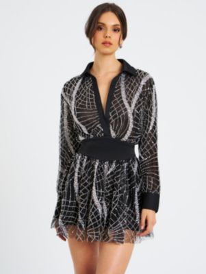  Rachelle Embroidered Mesh Mini Shirt Dress