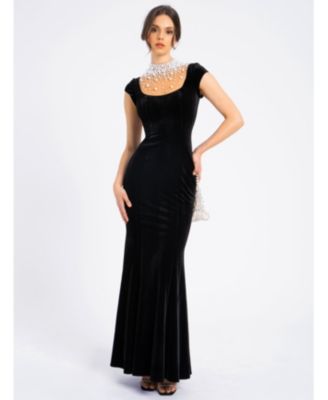  Rachael Velvet Faux Pearl Embellished Gown