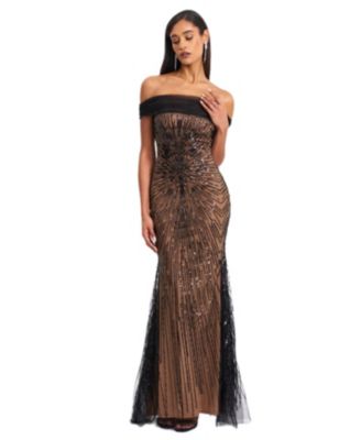 Qeturah Embroidered Sequin Off Shoulder Mesh Gown