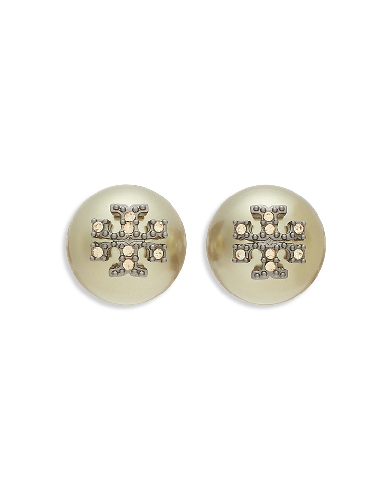 Tory Burch Kira Pave Double T Imitation Pearl Stud Earrings in Silver Tone