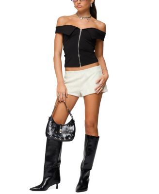 Collared Off Shoulder Zip Up Top