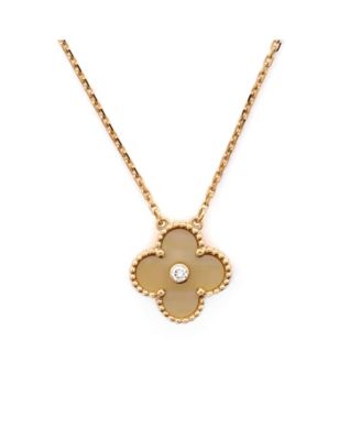  Vintage Alhambra Pendant Necklace 18K Gold and Gold Mother of Pearl with Diamond, 14.5 - 16.25"