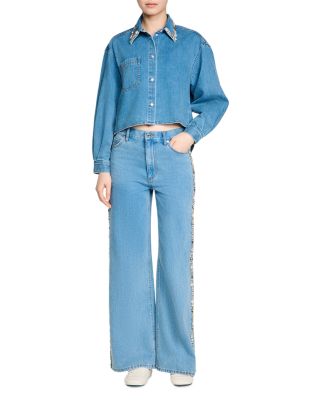Carmella Denim Rhinestone Trim Cropped Shirt