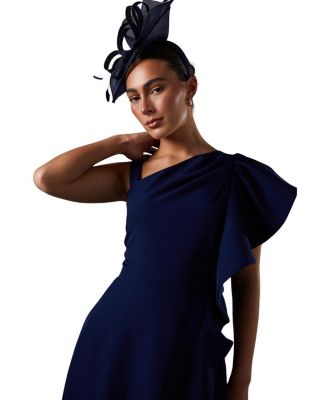  One Shoulder Crepe Ruffle Midi Dress