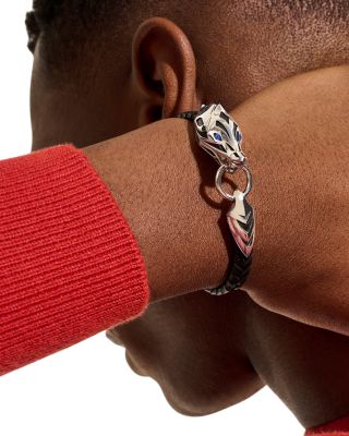 Men's Sterling Silver Naga Blue Sapphire Black Leather Bracelet