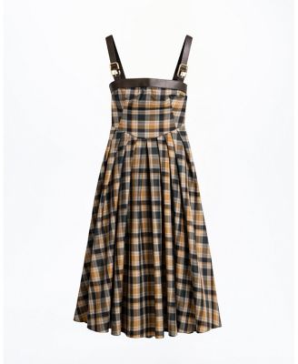  Plaid Pleated Maxi Dress with Faux Leather Belt