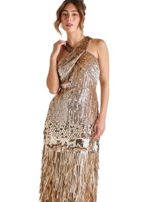 Gold Sequin Tassel Halter Neck Dress