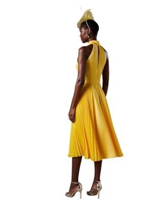 Halter Pleated Asymmetric Hem Midi Dress