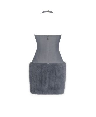 Daisy Drop Waist Fur Trim Halter Mini Dress