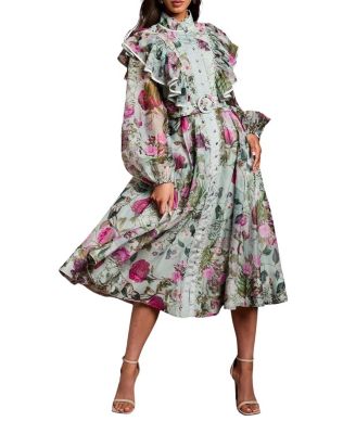 Long Sleeve Printed Organza Shirt Dress