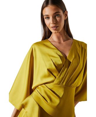 Satin Crepe Ruffle Wrap Midi Dress